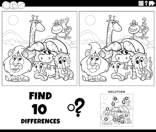 Differences task with cartoon Safari animals coloring page