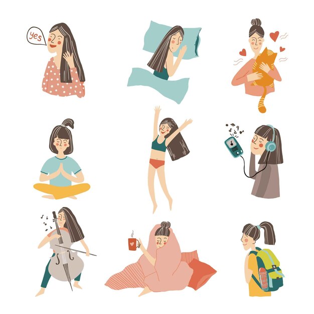 Vector different activities with cartoon girls characters