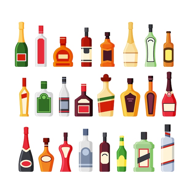 Vector different alcohol glass bottles flat   color set