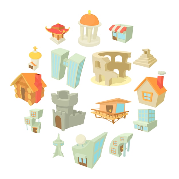 Vector different architecture icons set, cartoon style