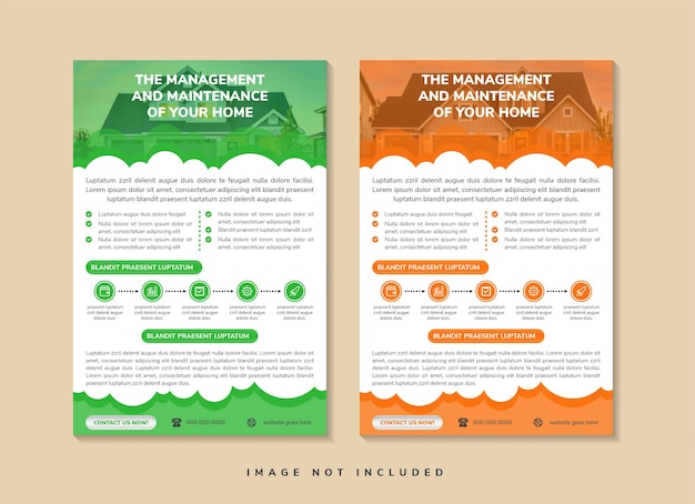 Different backgrounds with realistic orange and green sky and cumulus clouds design banner flyer