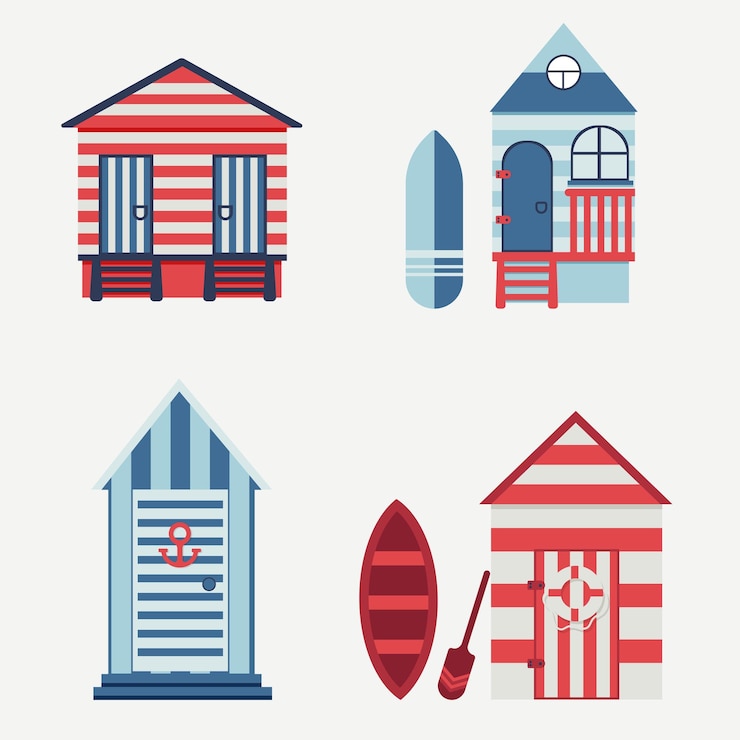 Vector different beach houses vector illustrations set collection of drawings of beach huts with door and w