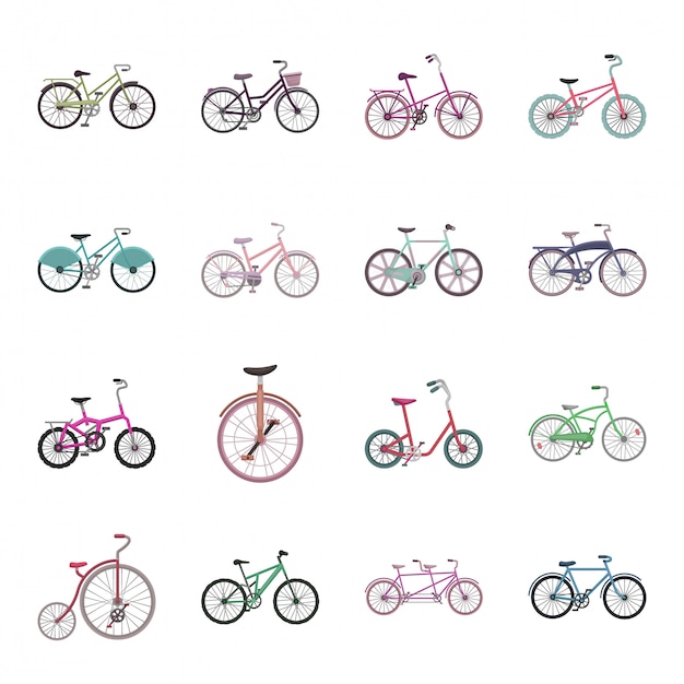 Набор иконок различных велосипедов мультфильм. велосипед иллюстрации. изолированный мультфильм набор значок другой велосипед.
