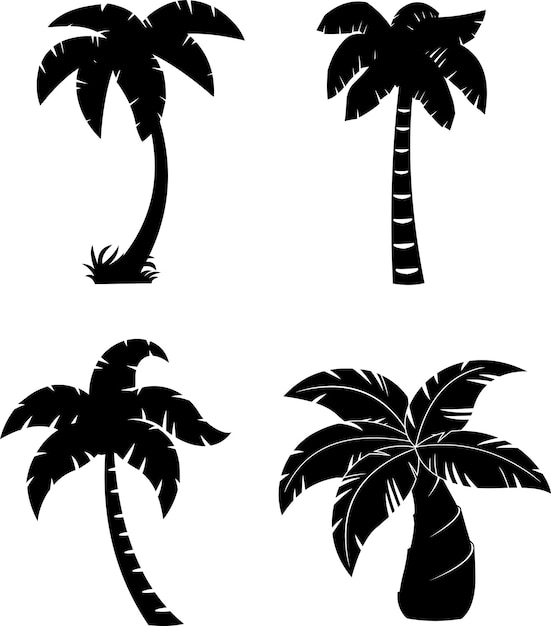 Different Black Palm Tree Silhouette. Vector Hand Drawn Collection Set Isolated On White Background