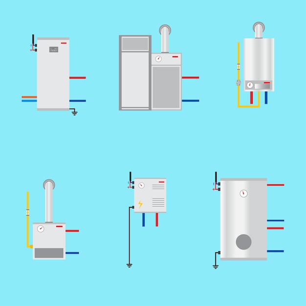 Vettore set di icone di diverse caldaie stile piatto gas elettrico caldaie a pirolisi e pompa di calore vettore