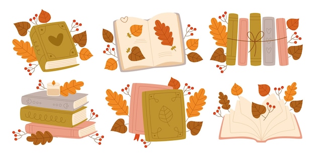 different books closed opened in stack or row set with colorful autumn leaves decoration