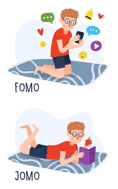 FOMO 대 JOMO 개념을 읽고 채팅하는 다른 소년들 요즘 사람들 캐릭터