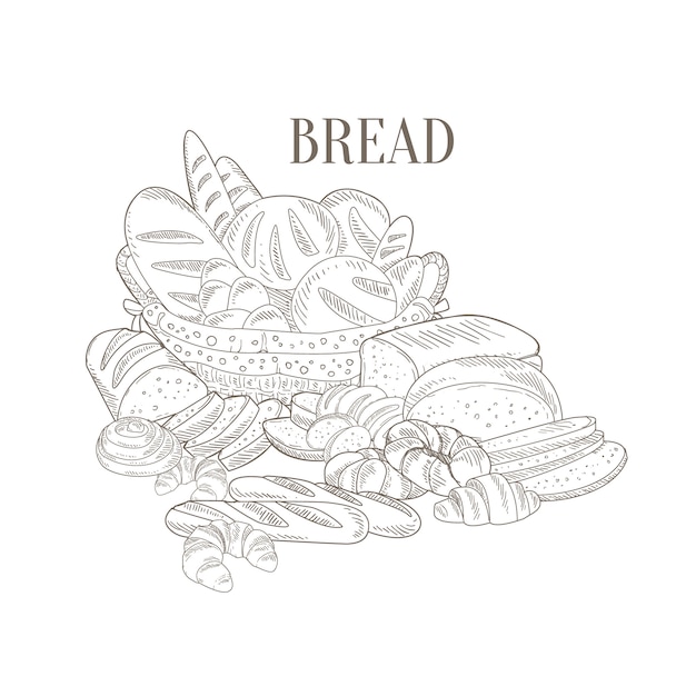 Different Bread Still Life Hand Drawn Realistic Sketch