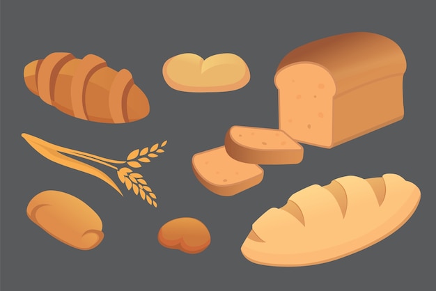 Vector different breads and bakery products  illustrations. buns for breakfast. set bake food isolated