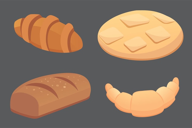 Vettore diversi tipi di pane e prodotti da forno illustrazioni vettoriali. panini per colazione. impostare cuocere il cibo isolato