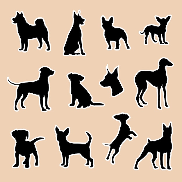 Vector different breeds of dogs as sticker pack or pattern for design websites, applications, signs or logo