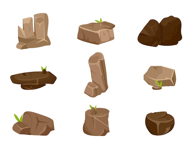 Set di illustrazioni di pietre marroni differenti, grandi rocce isolate su priorità bassa bianca.
