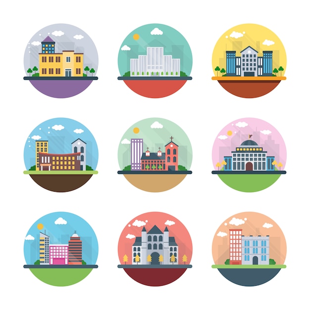 Different buildings flat icons