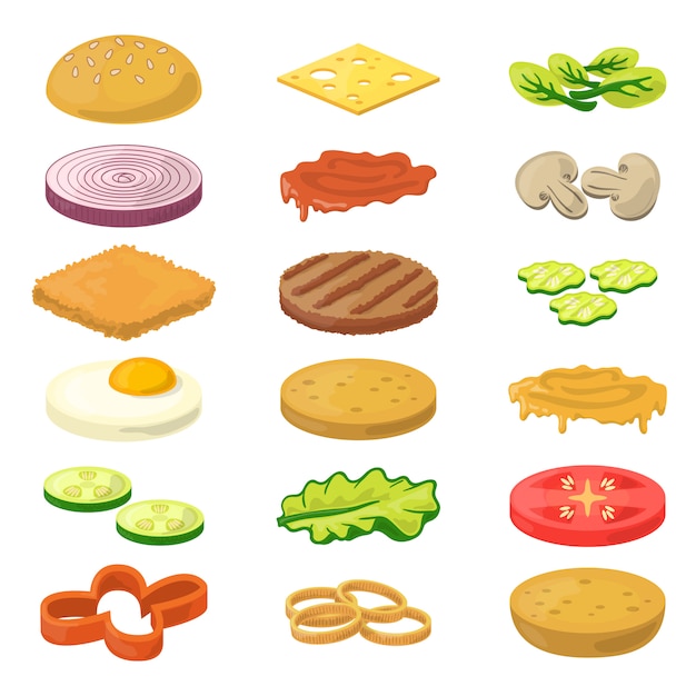 Different burgers ingredients in cartoon style