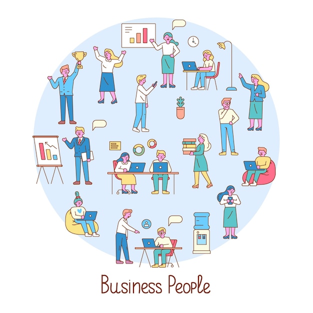 Different business people line art vector set Cartoon Team characters