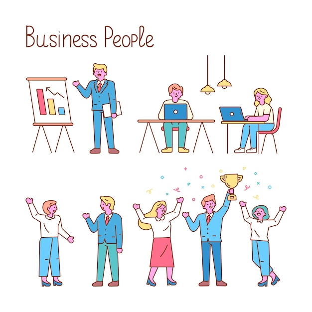 Different business people line art vector set cartoon team characters