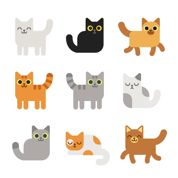 Vector different cartoon cats set simple geometric flat vector illustration