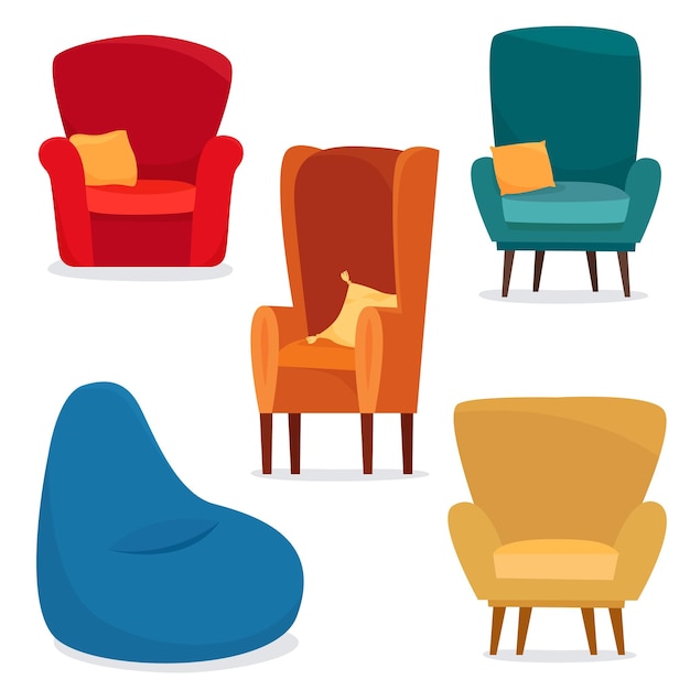 Different chairs set with pillow anf bag chair Flat cartoon style vector illustration