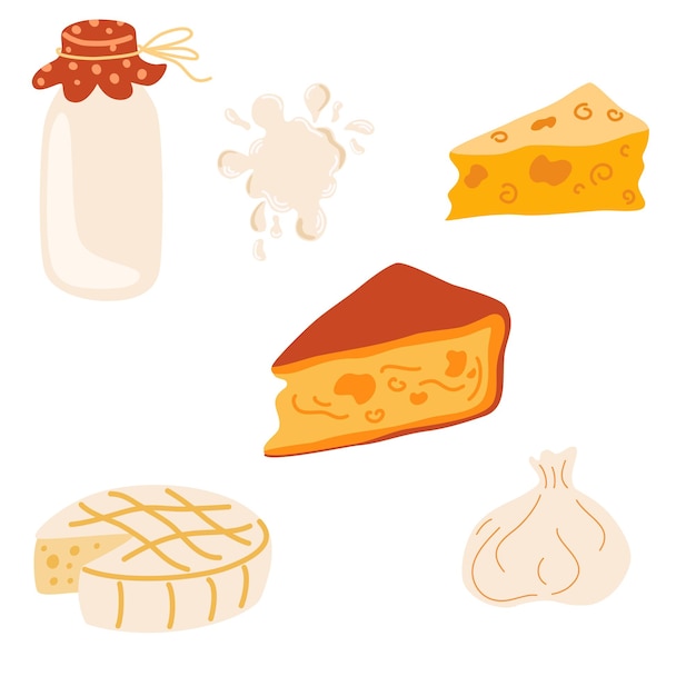 Different cheeses set. Slices of delicious cheeses. Cheddar, mozzarella, brie, gouda, feta and parmesan. Vector cartoon illustration isolated on the white background.