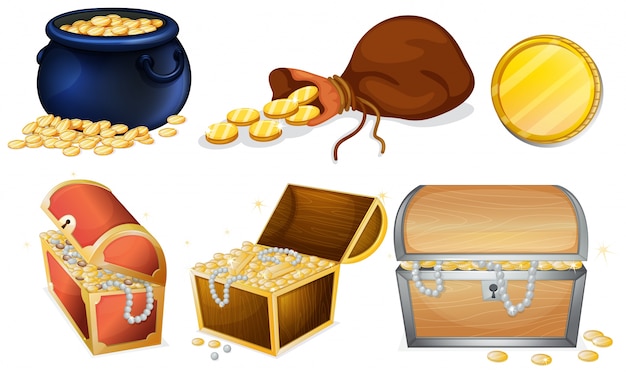 Different chests and pot of gold illustration