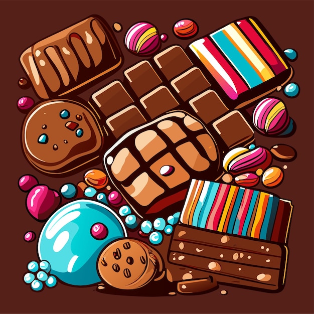 Different chocolate candies pattern background design doodle vector illustration