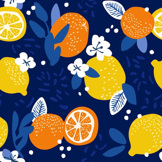 Different citrus fruits with leaves as background top view Seamless pattern with oranges and lemons