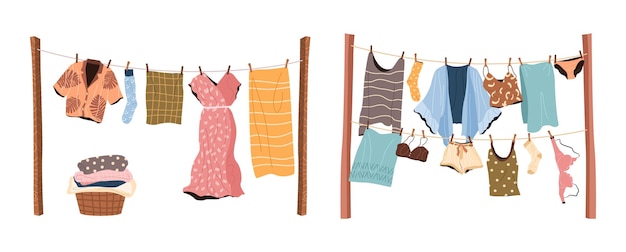 Different clean clothes drying on clotheslines Set of modern clothing for men and women