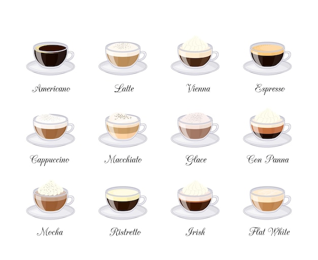 벡터 색 배경 에 분리 된 여러 가지 커피 음료