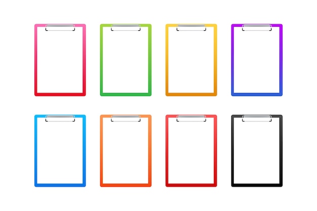 Different color clipboard set with blank white sheet. Vector stock illustration.