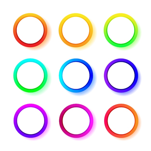 Vector different color gradient round frames.  set of rings neon gradient.  illustration isolated on white background.