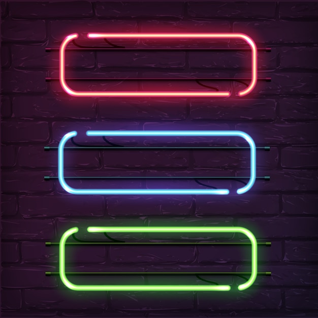 Vector different color neon frames, realistic rectangles on brick wall.