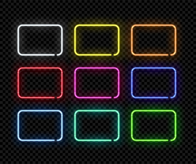 Different color rectangular neon frames on transparent background.