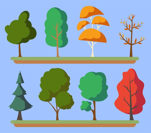 Vector different color season trees set flat vector set of trees with various color flat trees