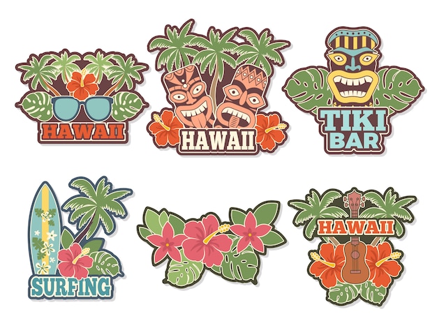Diversi adesivi e distintivi colorati con simboli della cultura hawaiana