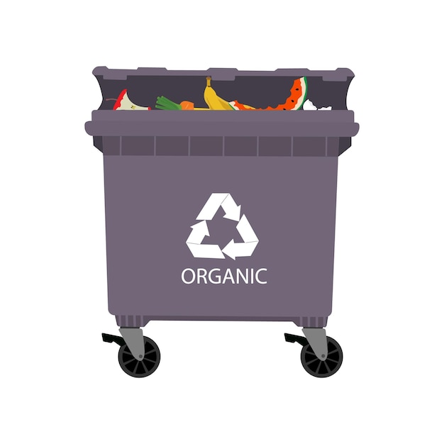 유기 분리 폐기물 분류 쓰레기 폐기물 관리 벡터 플랫 그림이 있는 다른 색상의 쓰레기통
