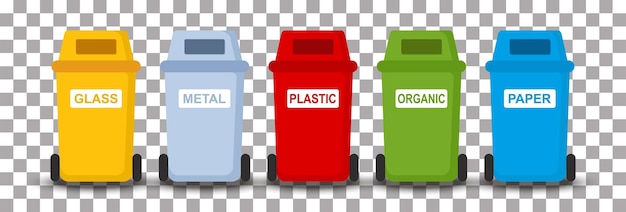 Different colored trash cans with paper plastic glass and organic waste suitable for recycling Segregate waste sorting garbage waste management White background Vector illustration