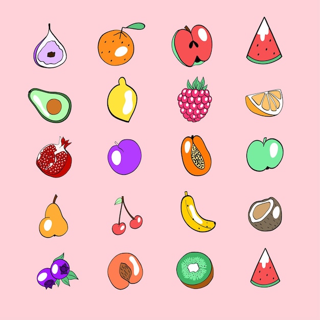 Diversi frutti colorati: banana, mela, pera, arancia, pesca, prugna, anguria, ciliegia, limone