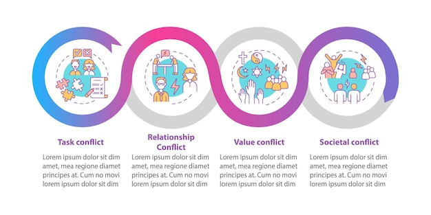 다른 충돌 벡터 infographic 템플릿입니다. 커뮤니케이션 프레젠테이션 개요 디자인 요소입니다. 4단계로 데이터 시각화. 타임라인 정보 차트를 처리합니다. 라인 아이콘이 있는 워크플로 레이아웃