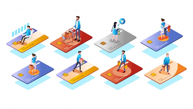 Different credit card type with people or customer on it, use the card for various needs isometric 3d illustration vector