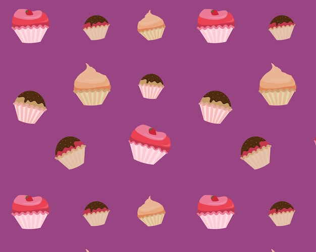 Different cupcakes, cakes, sweets, purple background, surface design for textile,fabric,paper