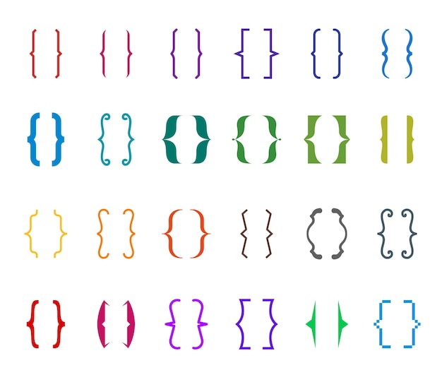 벡터 다른 중괄호 색 아이콘 세트 입력 또는 타이포그래피 장식 및 메시지 및 따옴표에 대한 벡터 디자인 요소 개념을 위한 현대적이고 빈티지한 괄호 선 및 기호 컬렉션