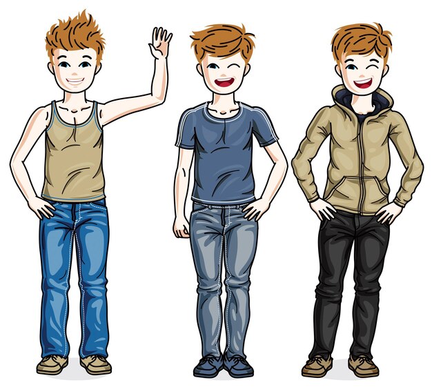 Vector different cute little boys standing wearing different casual clothes. vector kids illustrations set. childhood and family lifestyle cartoons.
