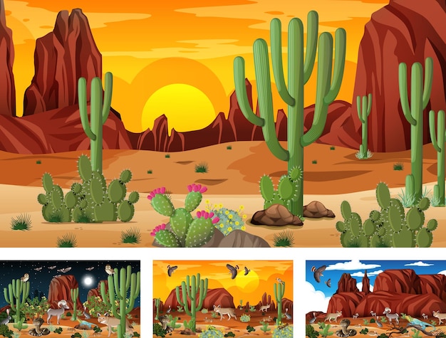 Различные сцены пейзажа пустынного леса с животными и растениями