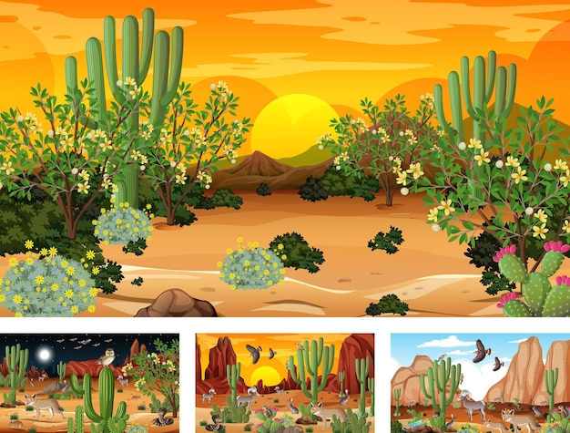 Diverse scene di paesaggi della foresta del deserto con animali e piante
