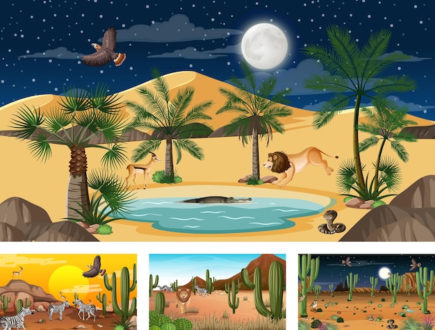 Diverse scene della foresta del deserto con animali e piante