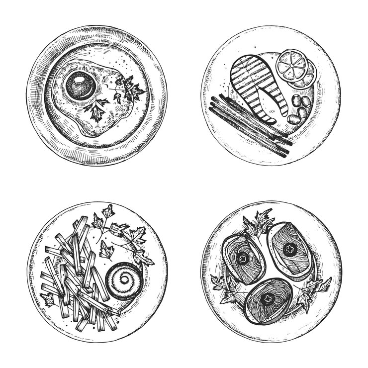 Vector different dishes on plates set of vector sketches isolated illustration hand drawing on white background