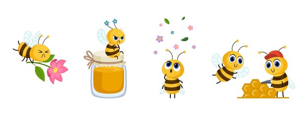 Vector different emotions cute bees working and flying bee insect with flower and honey jar angry and surprised happy cartoon vector characters of bee mascot fly illustration