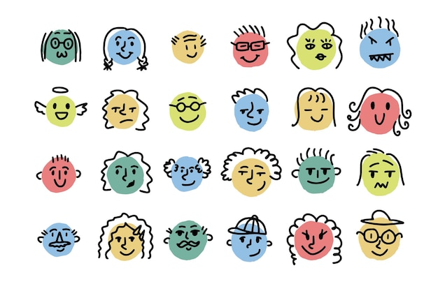 Разные эмоции и настроения. Рисование простых круглых лиц, нарисованных вручную в стиле мультяшных каракулей
