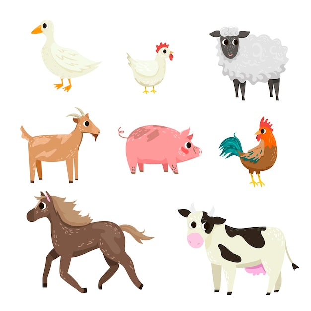 Different farm animal cartoon characters illustration set