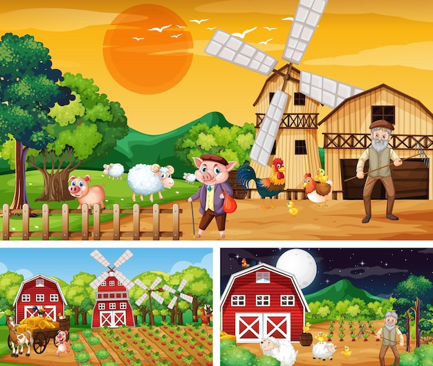 Different farm scenes with farm animals cartoon character